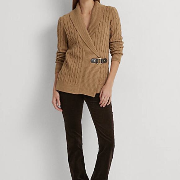 Lauren Ralph Lauren Cable Cord Buckle Front Cardigan Tan Size PM - Picture 1 of 9